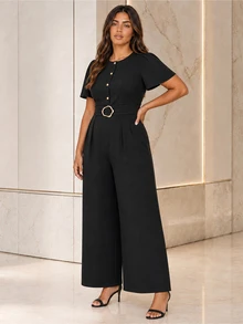 ELLERISSA Plus Size Black Round Neck Flutter Sleeve Belted Wide Leg Jumpsuit - Black - View 5