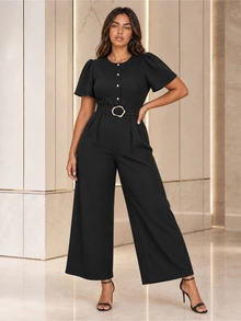 ELLERISSA Plus Size Black Round Neck Flutter Sleeve Belted Wide Leg Jumpsuit - Black - View 3