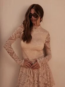 Dancing Leopard Cream High Neck Lace Bodysuit, Long Sleeve Semi-Sheer Evening Top - Beige - View 1