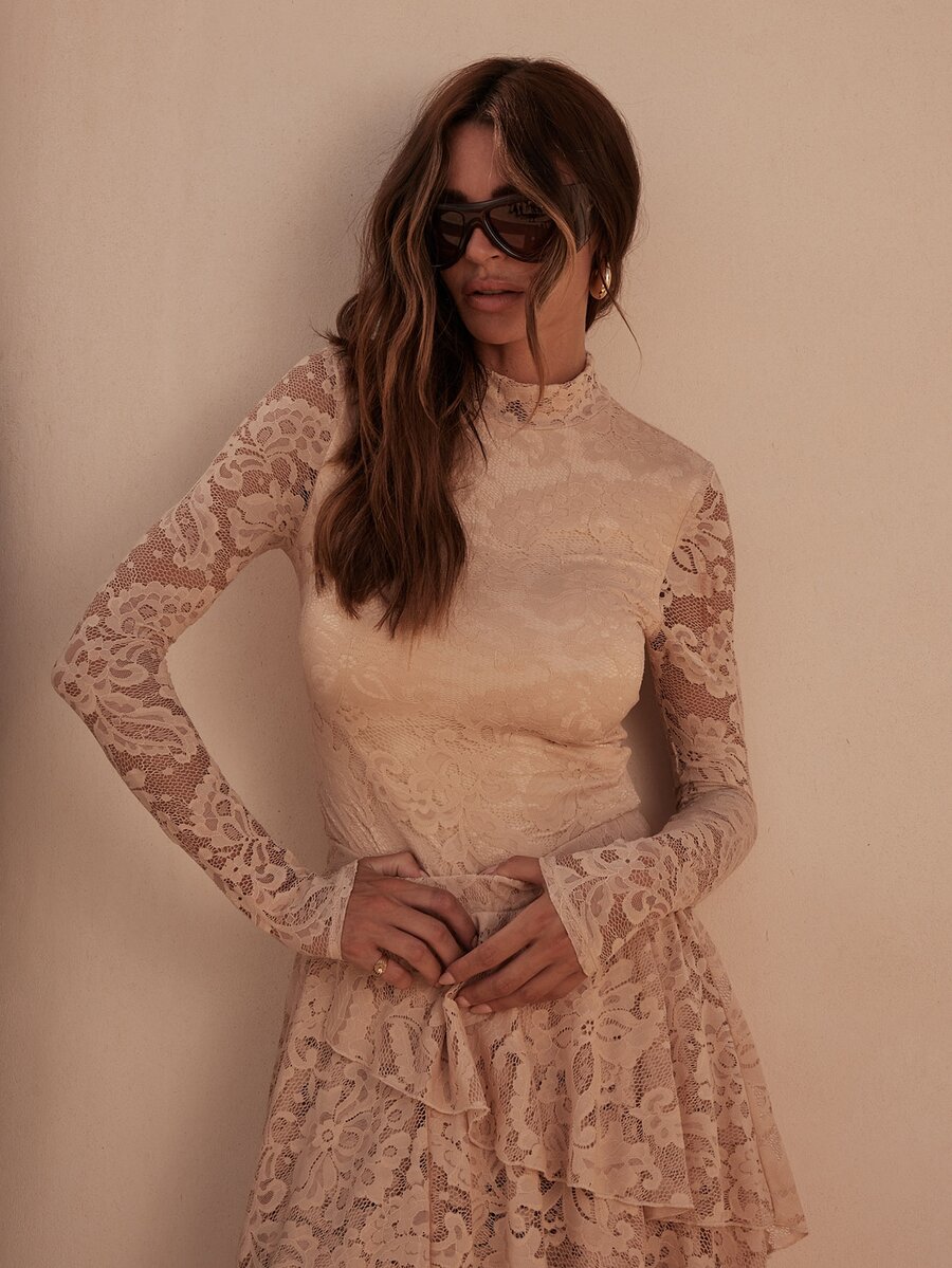 Dancing Leopard Cream High Neck Lace Bodysuit, Long Sleeve Semi-Sheer Evening Top - Beige - View 1