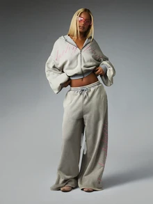 BABYPHAT Wide Leg Sweatpants With Cursive Script Embroidery On Leg Washed Finish Drawstring Waist Relaxed Fit Casual Lounge Pants - Grey - View 3