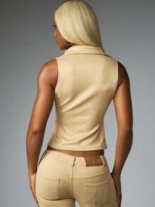 BABYPHAT Rompi Crop Tanpa Lengan Berkerah dengan Resleting Depan, Tekstur Suede, Detail Logo Tulisan, Gaya Y2K - Khaki - View 2