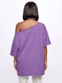 SUMWON WOMEN Oversized Off-Shoulder T-Shirt With Cursive Summer Forever Graphic Print, Drop Shoulder Short Sleeve Longline Top - Purple - View 2