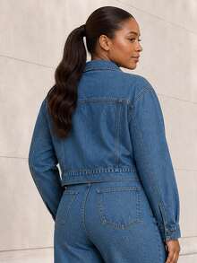 ELLERISSA Plus Size Medium Wash Collared Button Front Cropped Denim Jacket - Medium Wash - View 2