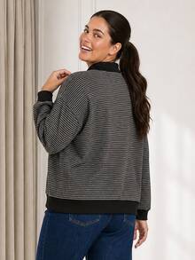 ELLERISSA Plus Size Blue Stripe Polo Collar Long Sleeve Knit Top - Blue - View 2