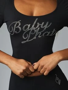 BABYPHAT Rhinestone Script Logo Crop Top With Scoop Neck And Elbow Length Fitted Sleeves For Night Out And Festival Season - Black - View 5