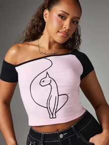 BABYPHAT Plus Size Women Contrast Color Asymmetric Shoulder Slim Fit Versatile Casual Everyday Top - Pink - View 5