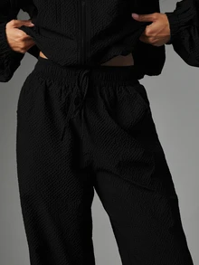 MISSGUIDED Wide Leg Textured Drawstring Trousers With Elasticated Waist Casual Relaxed Fit Pull On Palazzo Pants For Autumn Winter - Black - View 5