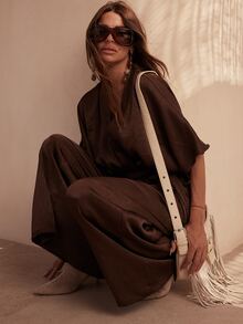 Dancing Leopard Dark Brown Kimono Sleeve Jumpsuit, Wide Leg Wrap Front Evening Outfit - Coffee Brown - View 4