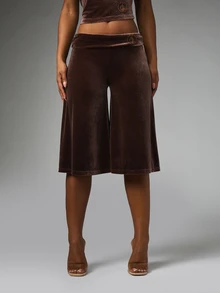 BABYPHAT Women's Elegant Street Rhinestone Loose Capri Pants Office Commute - Coffee Brown - View 1