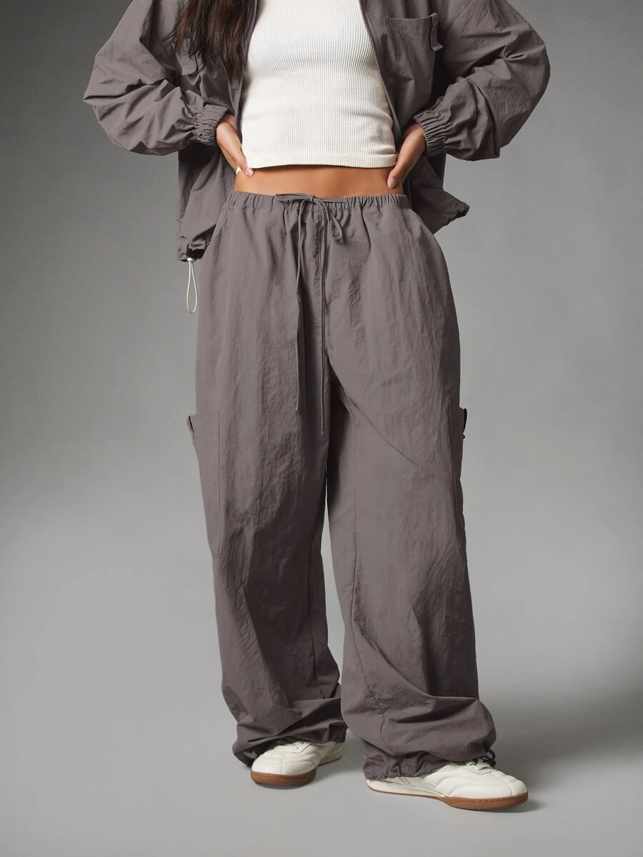 MISSGUIDED Wide Leg Parachute Cargo Trousers With Elasticated Drawstring Waist And Side Patch Pockets Fall Winter Staple - Dark Grey - View 1