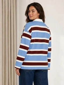 ELLERISSA Plus Size Multicolor Stripe Rugby Polo Shirt With Collar Long Sleeve Top - Multicolor - View 2