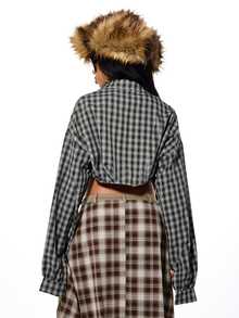 SUMWON WOMEN Kemeja Crop Motif Kotak-kotak dengan Ikatan Depan, Lengan Panjang, Kancing Depan, Atasan Flanel Longgar untuk Pesta Musim Gugur dan Musim Dingin - Hitam - View 2