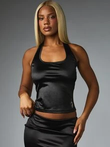 BABYPHAT Women's Solid Color Fitted Versatile Daily Wear Halter Neck Top - Black - View 1