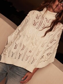 Dancing Leopard Cream Fringe Detail Knit Top, Oversized Cape Style Boho Layering Top - Cream - View 3
