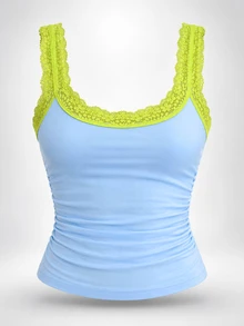 Zerodot Women Blue Ruched With Contrast Neon Green Lace Trim Cami Tank Top Party Going Out Pre Fall - Baby Blue - View 8