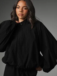 MISSGUIDED Textured Zip-Up Oversized Jacket With Mock Neck Elasticated Hem And Balloon Sleeves Casual Autumn Winter Outerwear - Black - View 5