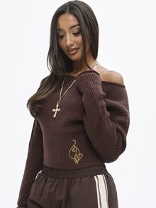 BABYPHAT Plus Size Vintage Embroidered Ribbed Waist Long Sleeve Sweater Streetwear Winter - Brown - View 4