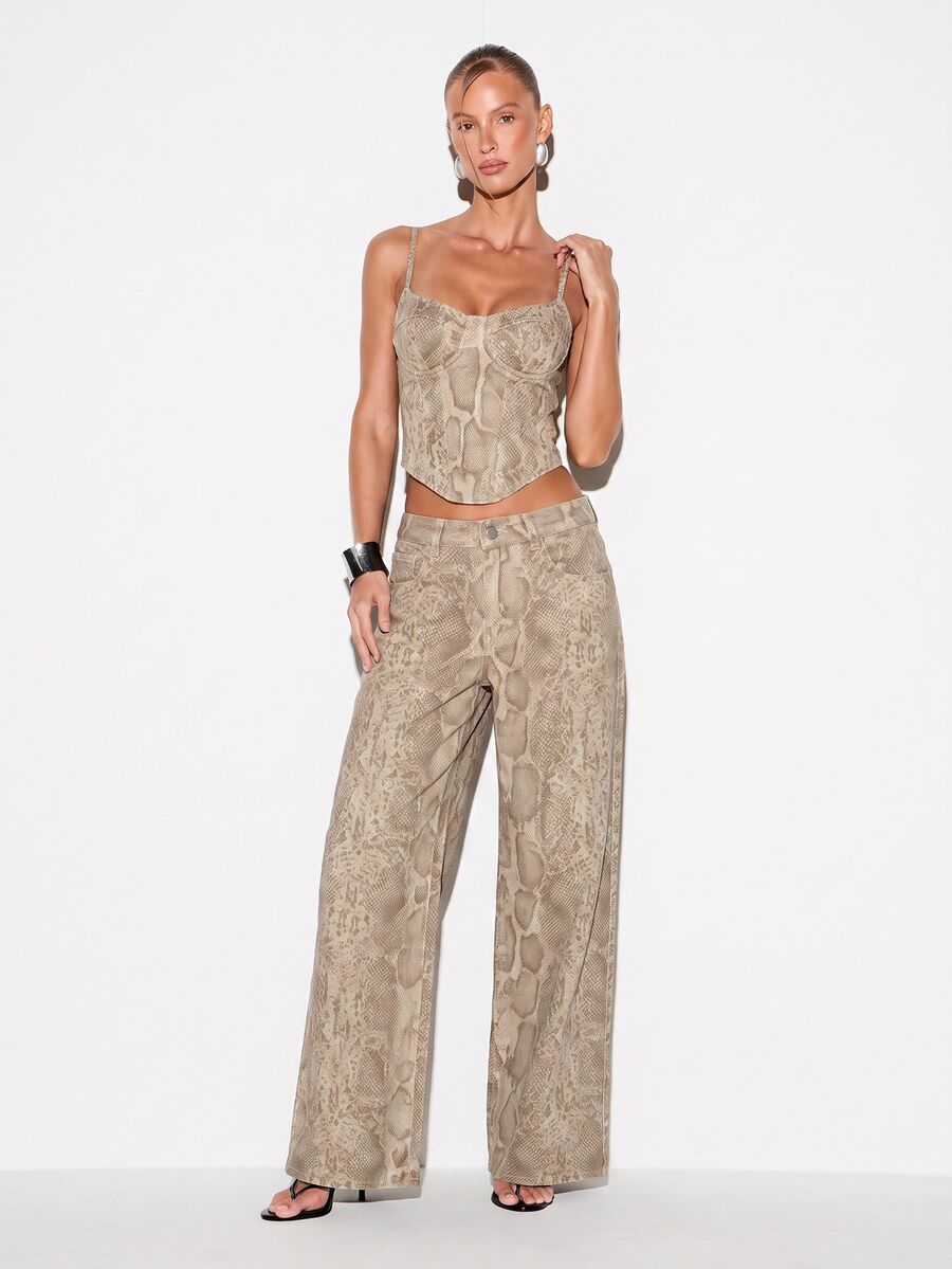 KIZN Wide Leg Low Rise Snake Print Pants With All Over Python Scale Pattern And Button Closure For Spring Summer Festival - Beige - View 1
