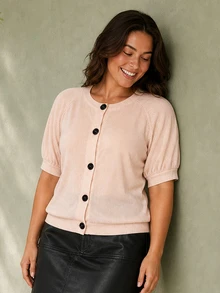 ELLERISSA Plus Size Pink Textured Round Neck Puff Sleeve Button Front Cardigan - Pink - View 3