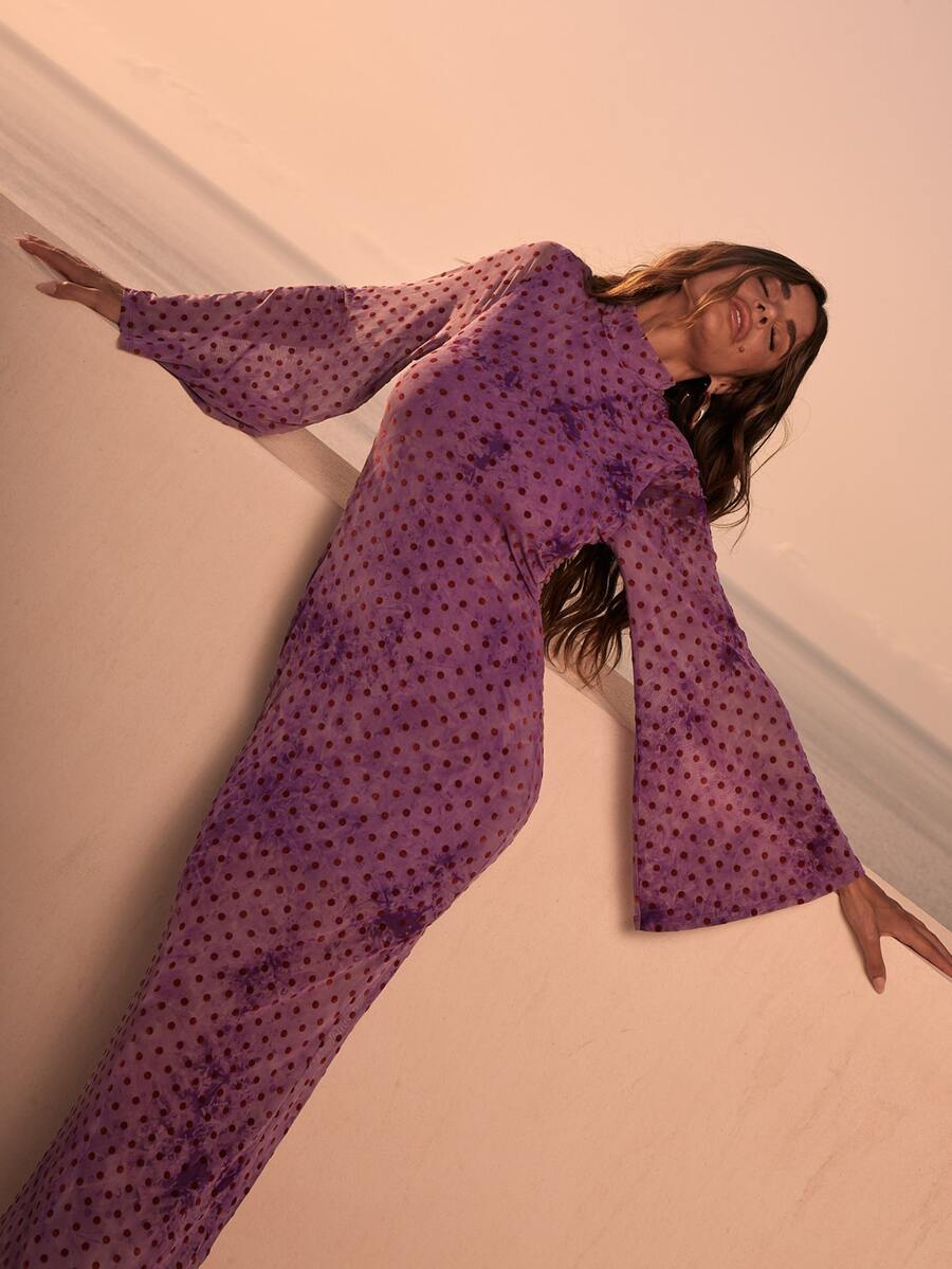 Dancing Leopard Purple Polka Dot Stand Collar Dress, Boho Resort Wear - Multicolor - View 1