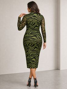 ELLERISSA Plus Size Army Green Zebra Print High Neck Long Sleeve Ruched Bodycon Midi Dress - Army Green - View 2