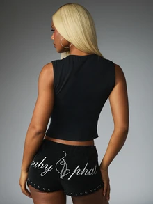 BABYPHAT Rhinestone Cat Logo Sleeveless Crop Tank Top With Crew Neck And Slim Fit For Festival Summer Party Night Out - Black - View 2