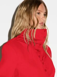 KIZN Boxy Fit Cropped Button-Up Shirt With High Funnel Neck Structured Shoulders Bell Sleeves And Elasticated Hem Tailored Top - Burgundy - View 5