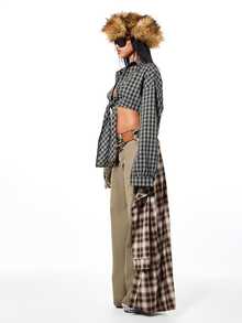 SUMWON WOMEN Kemeja Crop Motif Kotak-kotak dengan Ikatan Depan, Lengan Panjang, Kancing Depan, Atasan Flanel Longgar untuk Pesta Musim Gugur dan Musim Dingin - Hitam - View 5