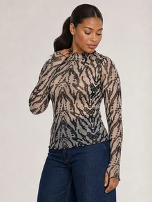 ELLERISSA Plus Size Multicolor Tiger Print Mesh Long Sleeve Mock Neck Top - Multicolor - View 4