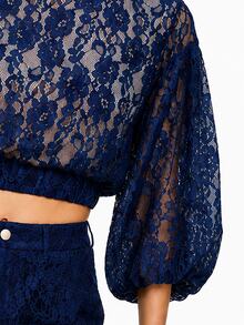 Zerodot Women Navy Blue Floral Lace With Puff Sleeves Crop Top Party Going Out Fall Pre Fall - Royal Blue - View 5