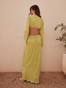 Dancing Leopard Green Pleated Tie Front Wide Leg Co-Ord, Holiday/Vacation Wear - Green - View 2