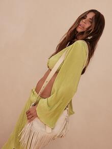 Dancing Leopard Green Pleated Tie Front Wide Leg Co-Ord, Holiday/Vacation Wear - Green - View 7