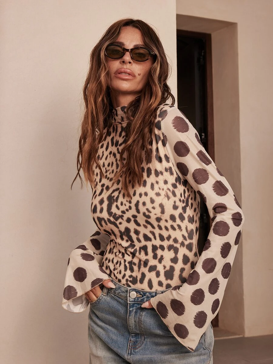 Dancing Leopard Brown Leopard And Spot Mesh Bodysuit, Long Sleeve Semi-Sheer High Neck Top - Multicolor - View 1