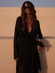 Dancing Leopard Black Spot Print Wrap Front Midi Dress, Flare Sleeve Tie Waist Boho Dress - Black - View 4