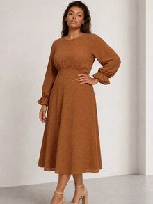 ELLERISSA Plus Size Rust Brown Textured Long Sleeve V Neck A Line Midi Dress - Rust Brown - View 5