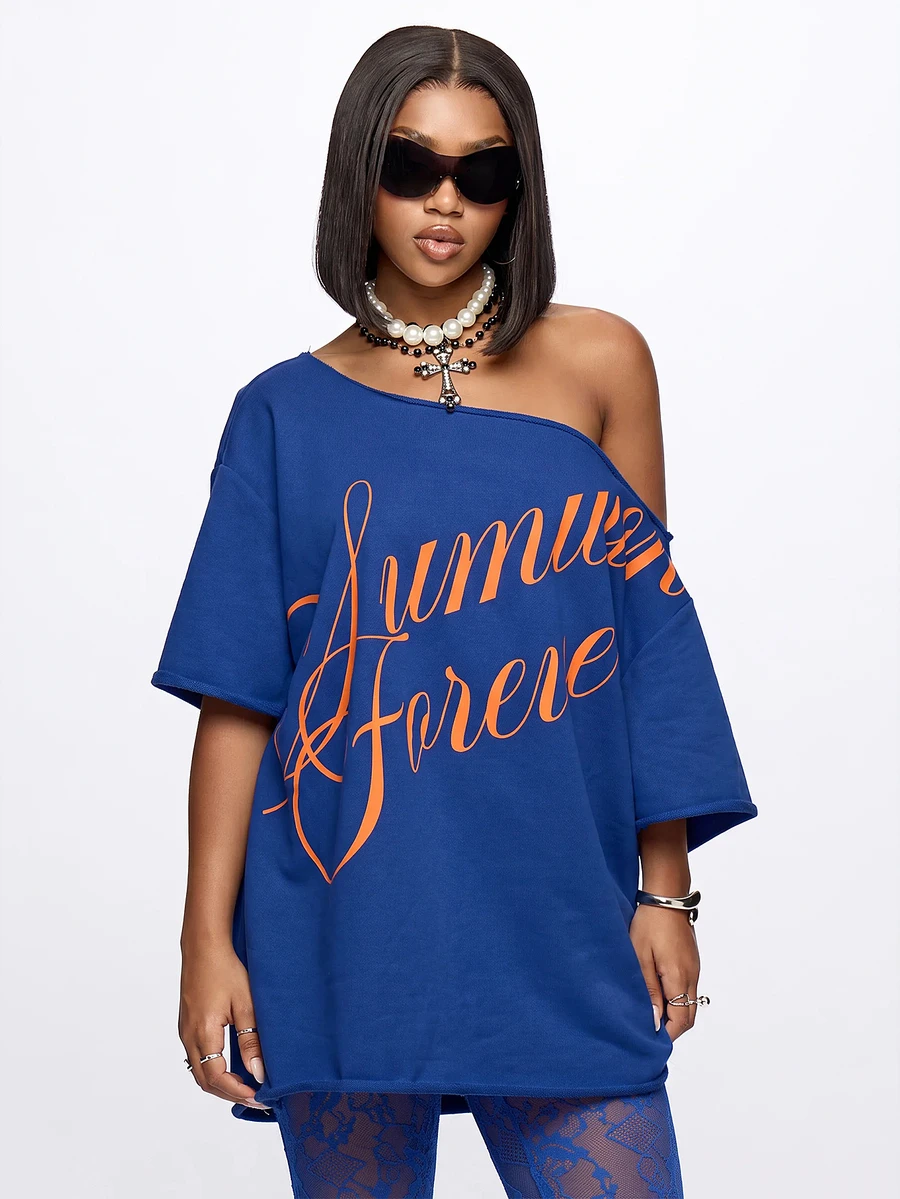 SUMWON WOMEN Oversized Off-Shoulder Graphic Sweatshirt Tee With Summer Forever Script Print And Drop Shoulder Sleeves - Blue - View 1