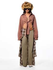 SUMWON WOMEN Plaid Check Oversized Shirt Tied Front Crop Top Long Sleeve Button Down Flannel Shirt Fall Winter Casual - Red - View 3