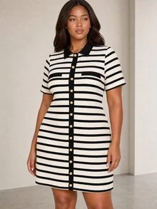 ELLERISSA Plus Size Black & White Striped Collared Short Sleeve Button Front Pocket Detail Knit Mini Shift - Black and White - View 3