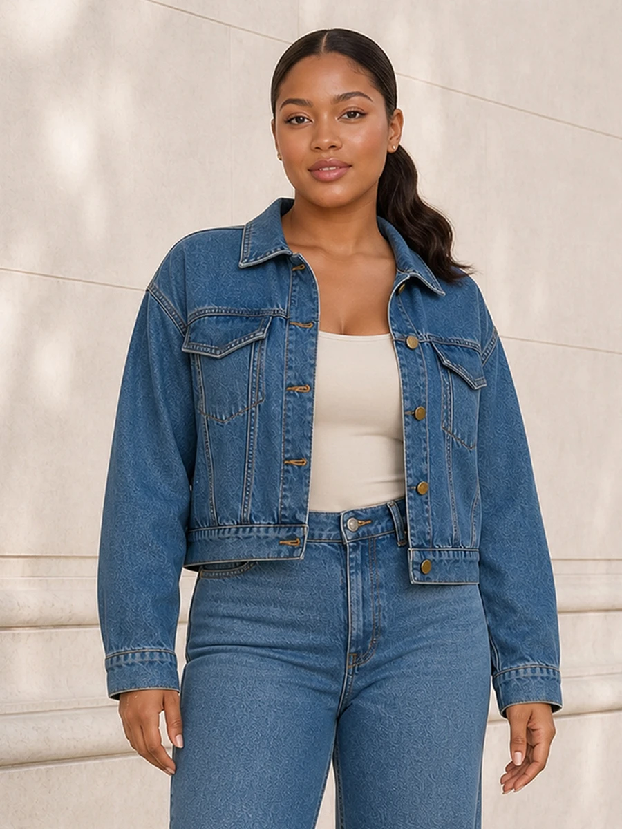 ELLERISSA Plus Size Medium Wash Collared Button Front Cropped Denim Jacket - Medium Wash - View 1