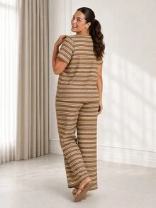 ELLERISSA Plus Size Brown Stripe Textured Button Front Short Sleeve Top & Wide Leg Pants Co-Ord Set - Brown - View 2