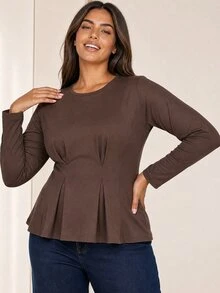 ELLERISSA Plus Size Coffee Brown Long Sleeve Batwing Sleeve Peplum Top - Coffee Brown - View 1