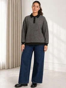 ELLERISSA Plus Size Blue Stripe Polo Collar Long Sleeve Knit Top - Blue - View 5