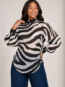 ELLERISSA Plus Size Black Zebra Print High Neck Long Sleeve Blouse With Tie Detail - Black - View 1