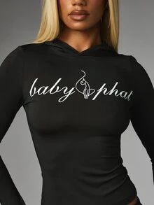 BABYPHAT Hoodie Crop Lengan Panjang dengan Logo Tulisan, Atasan Pas Badan dengan Lubang Jempol dan Tudung, Pakaian Esensial Musim Gugur dan Musim Dingin - Hitam - View 4