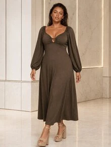 ELLERISSA Plus Size Brown V Neck Empire Waist Long Sleeve Maxi Dress - Brown - View 4