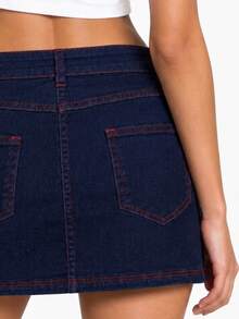 Zerodot Women Dark Wash With Contrast Red Stitch Denim Mini Skirt Casual Daily Spring Fall Wardrobe Staples - Dark Wash - View 5