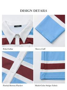 ELLERISSA Plus Size Multicolor Stripe Rugby Polo Shirt With Collar Long Sleeve Top - Multicolor - View 7