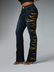 BABYPHAT Dark Wash Low Rise Bootcut Jeans With Gold Tiger Stripe Leg Print And Signature Brand Logo Embroidery Detail - Blue - View 1