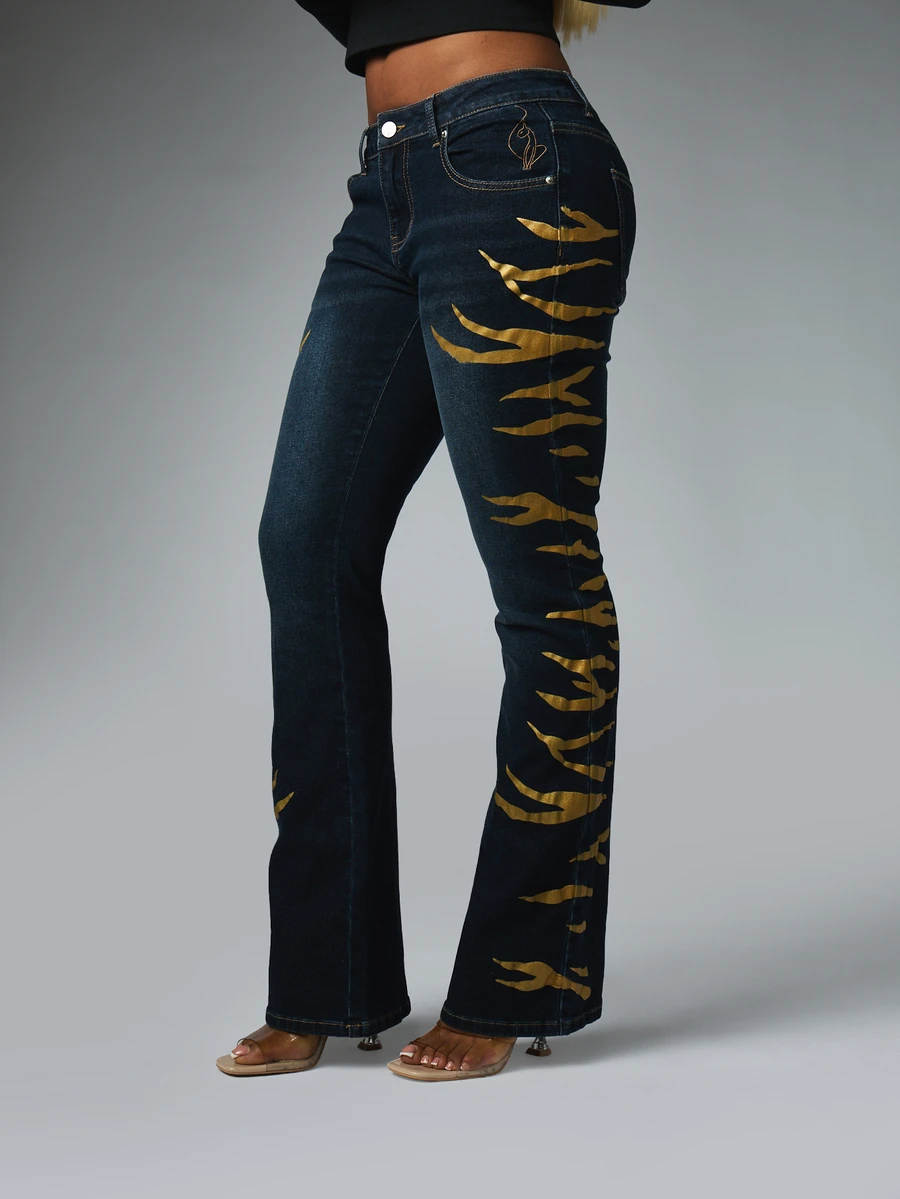 BABYPHAT Dark Wash Low Rise Bootcut Jeans With Gold Tiger Stripe Leg Print And Signature Brand Logo Embroidery Detail - Blue - View 1